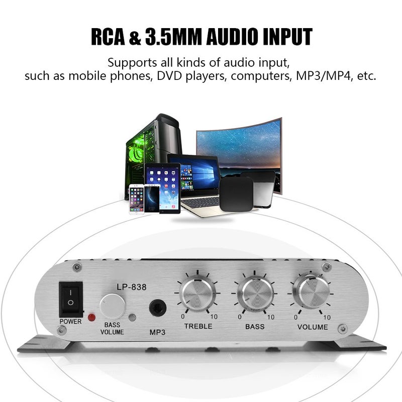Fydun Mini HiFi 2.1, Car Home Audio Power Amplifier 838 Stereo Bass Auto Mini Amplifier for Digital Amp Silver (Black) - Image 3